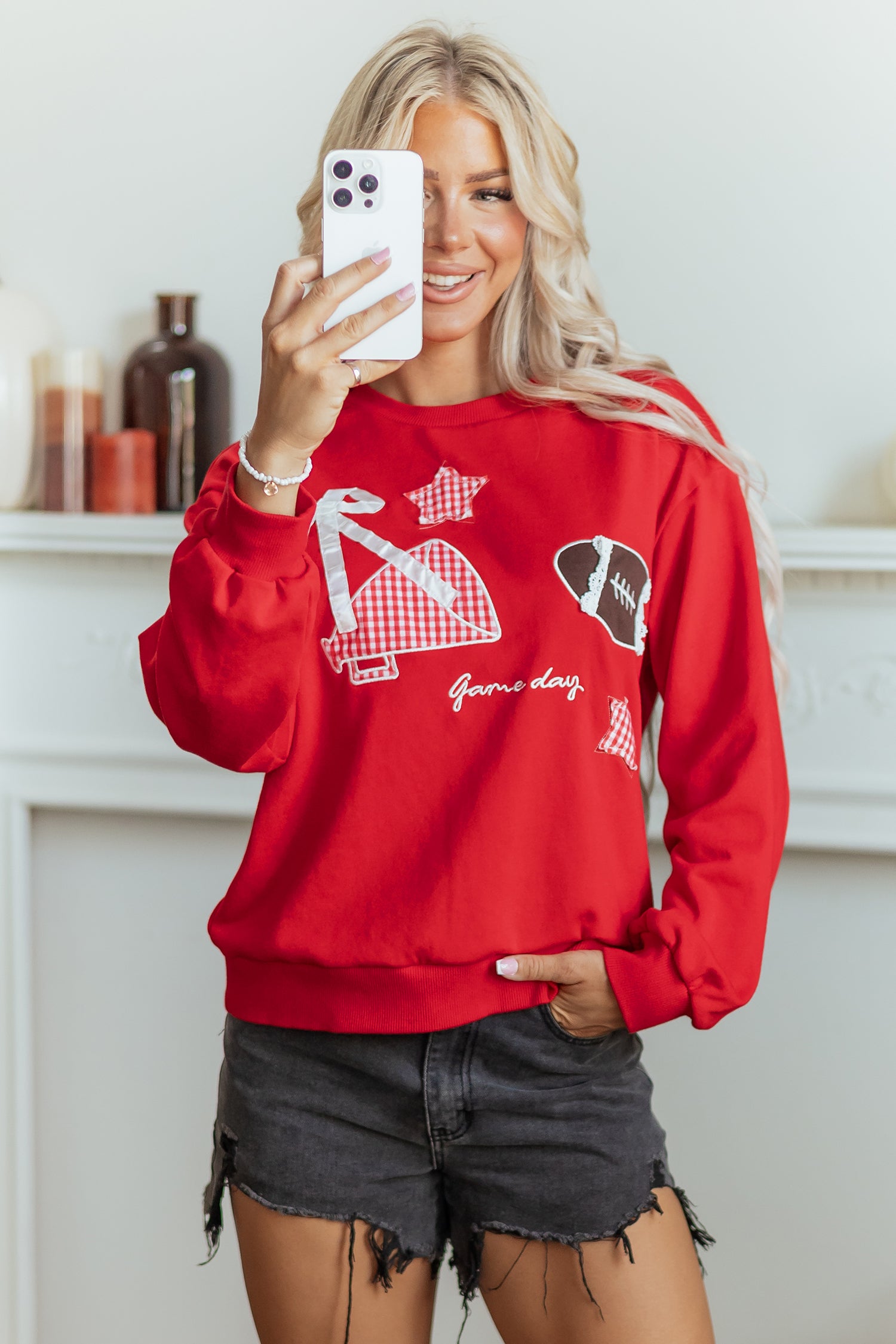Gingham Patch Embroidered Rugby Game Day Stars Sweatshirt – Racing Red