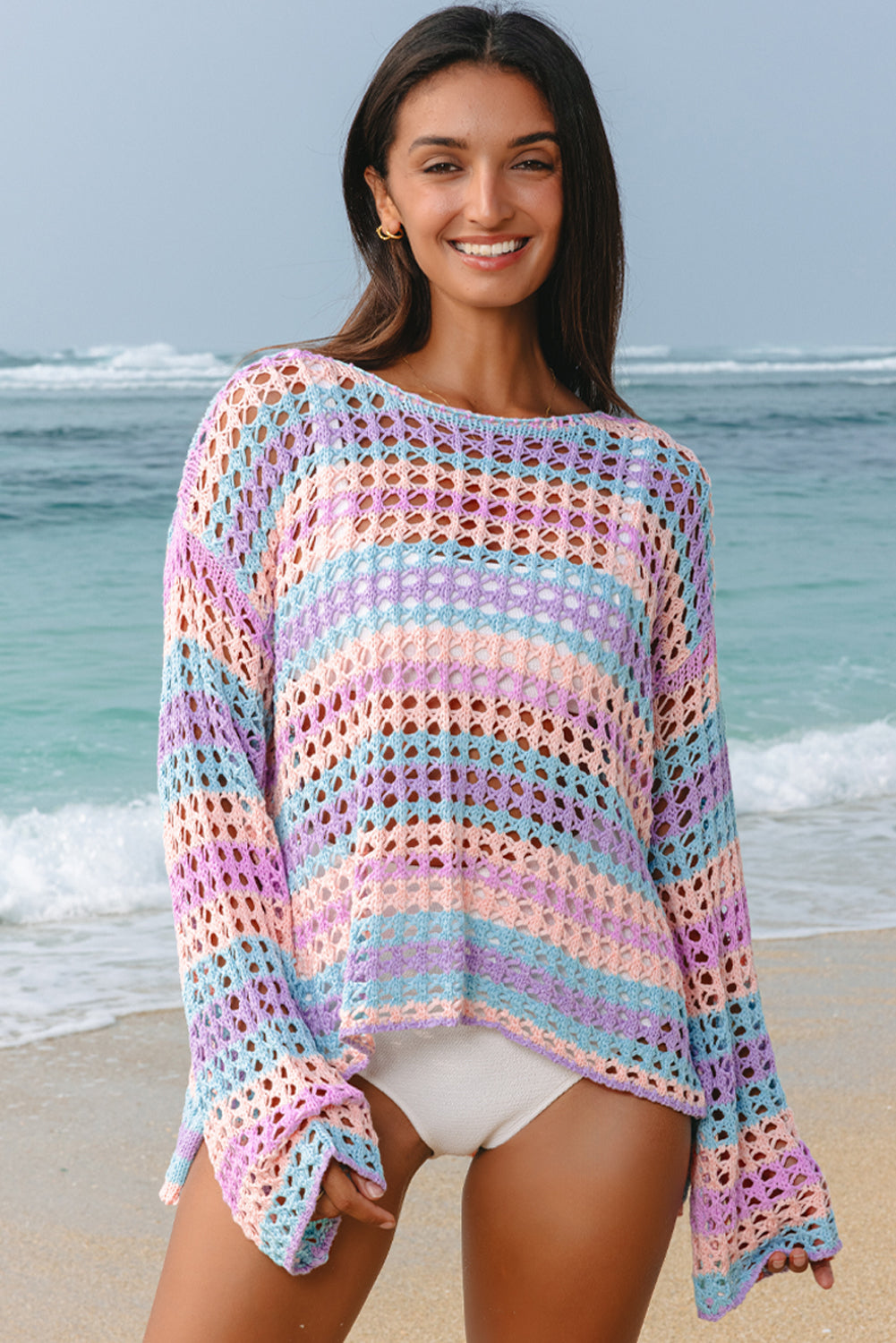 Purple Multi Stripe Open Knit Sweater Beach Cover Up eAura