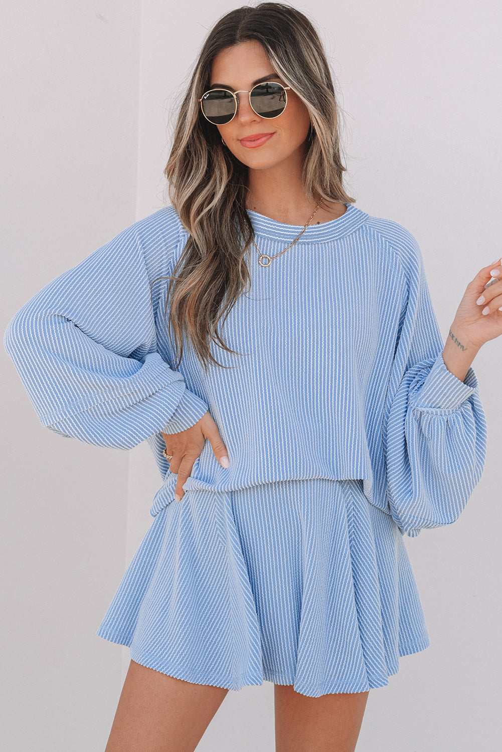 Soft Cord Lantern Sleeve Top & High Waist Ruffled Mini Skort Co-ord Dear-Lover Dropshipping