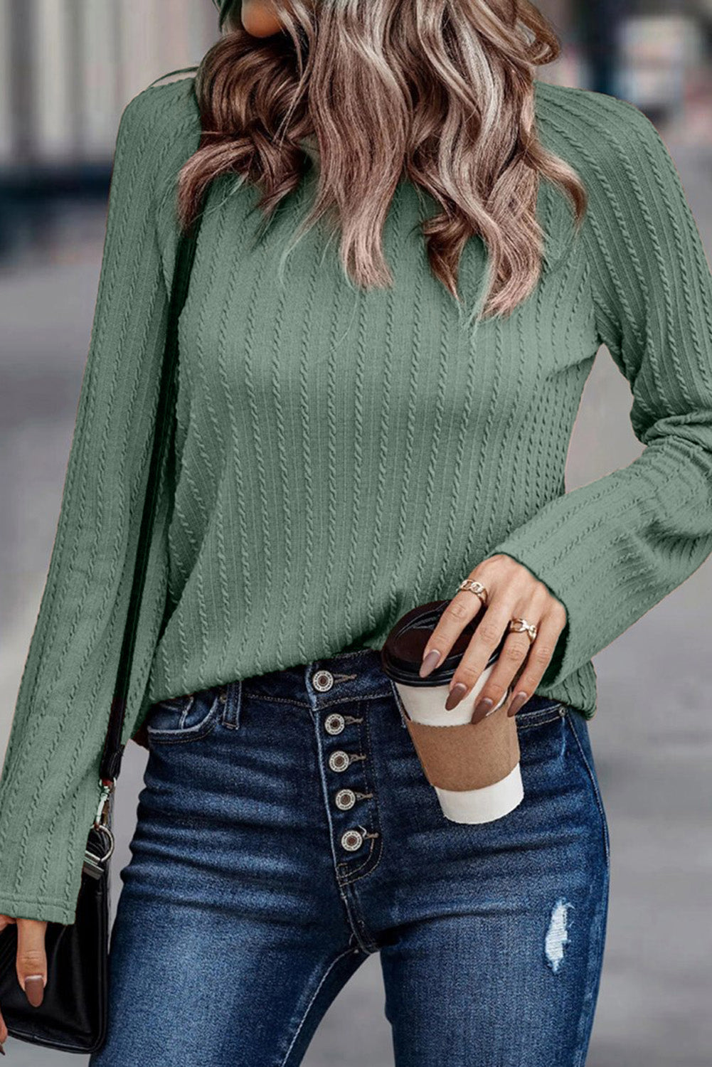 Green Ribbed Round Neck Knit Long Sleeve Top eAura
