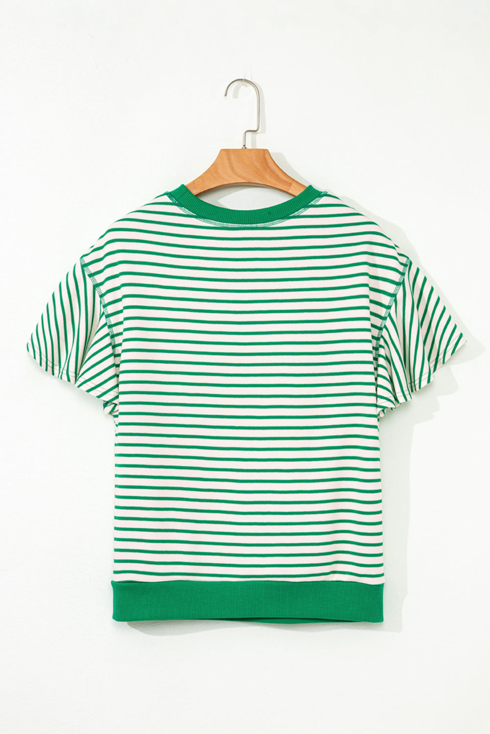 Contrast Detail Striped Ruffle Short Sleeve Top eAura