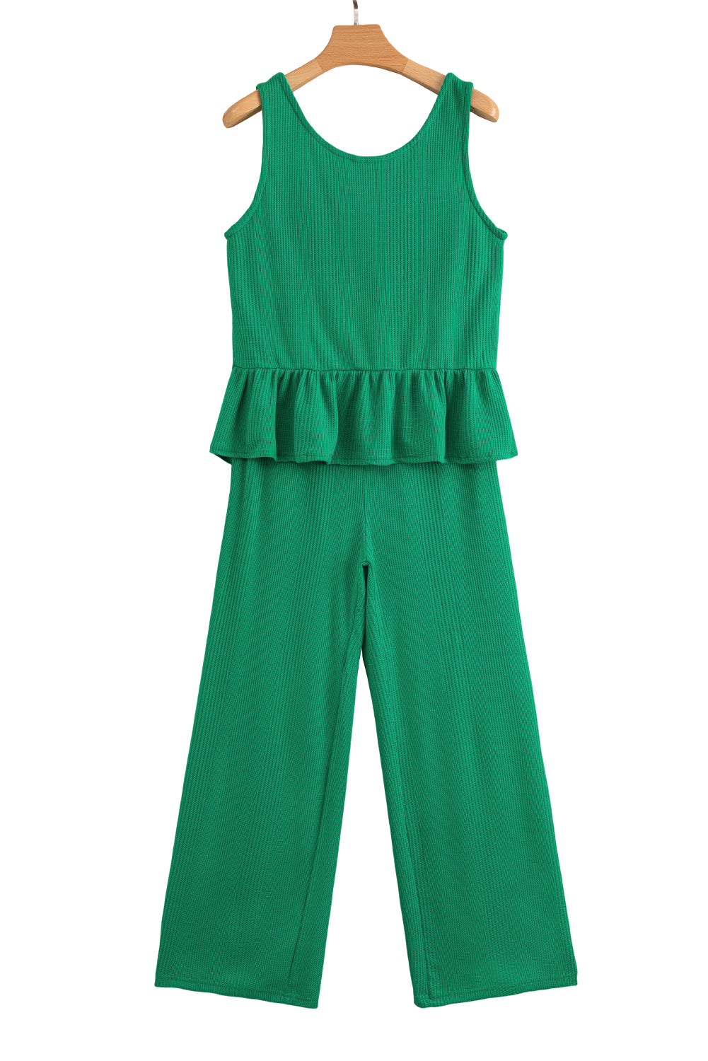 Green Solid Colour Ribbed Ruffle Tank Top and Trousers Set eAura