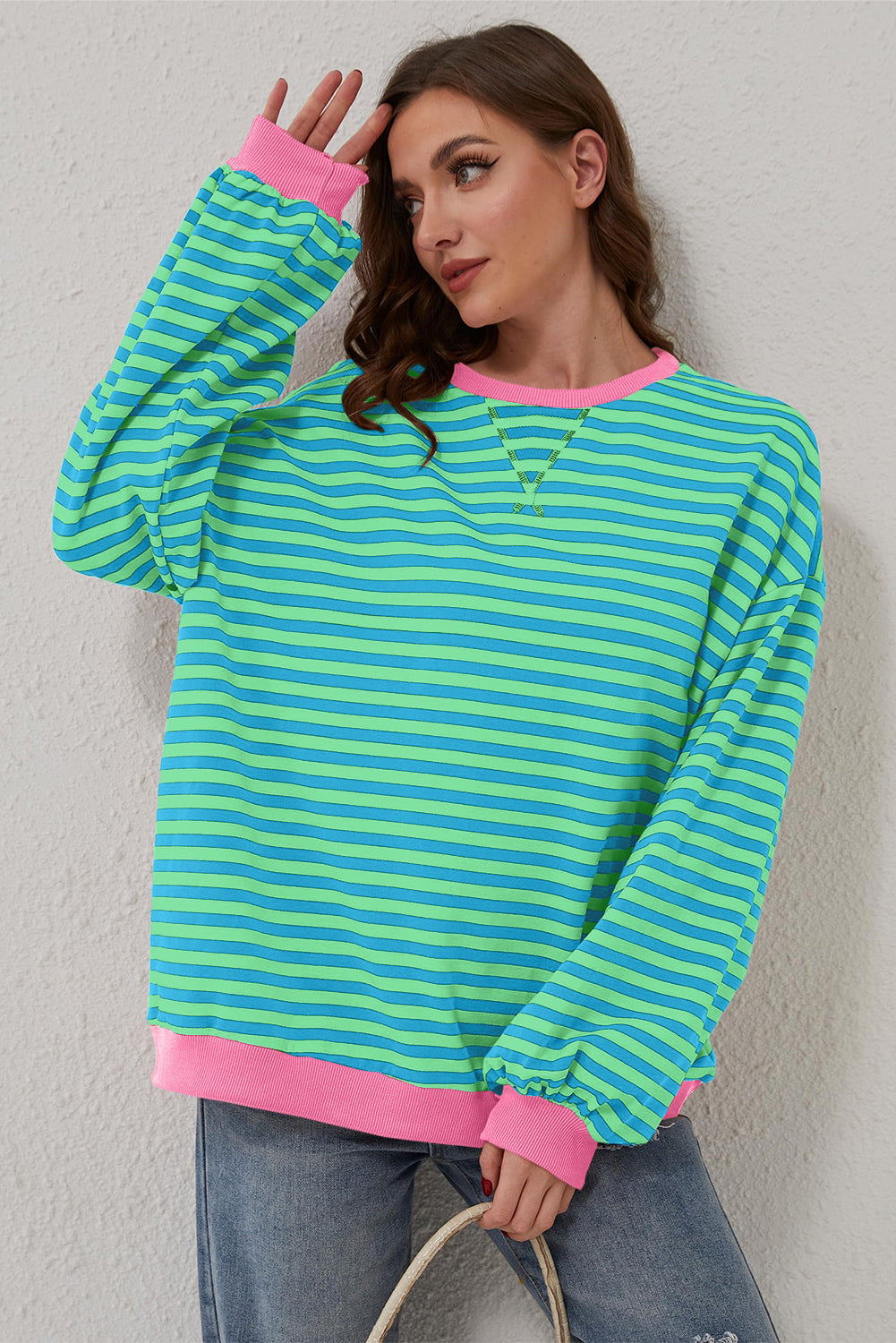 Sky Blue Stripe Oversized Contrast Trim Pullover Sweatshirt BB Fashion Outlet