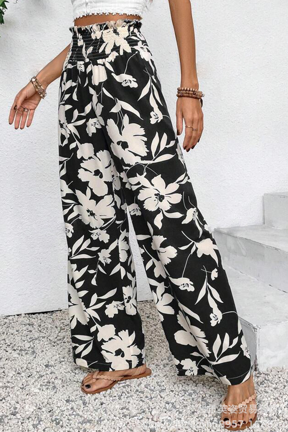 Black Floral Print Smocked High Waist Wide Leg Trousers BB Fashion Outlet