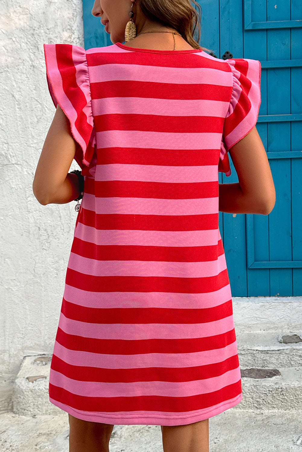 Red Stripe Flutter Sleeve Round Neck Shift Dress eAura