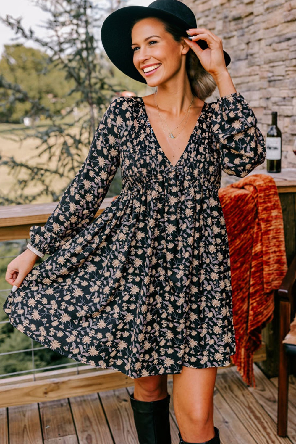 Beige Floral Deep V Neck Smocked Bust Bubble Sleeve Babydoll Dress eAura