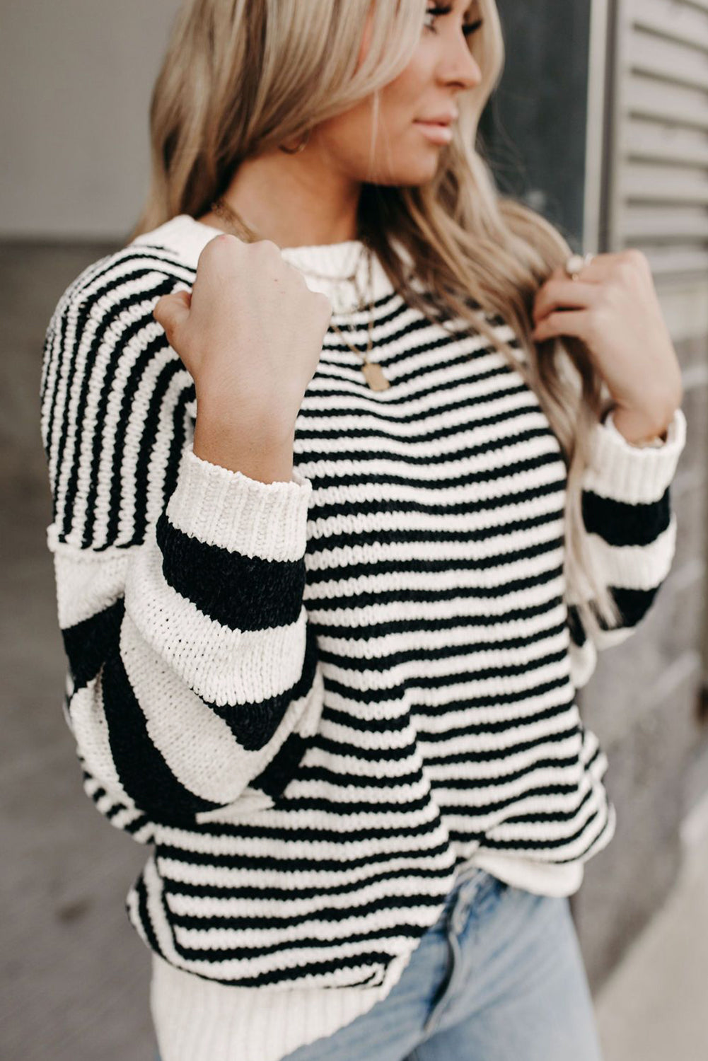 Black white Striped Drop Shoulder Bishop Sleeve Knit Sweater eAura