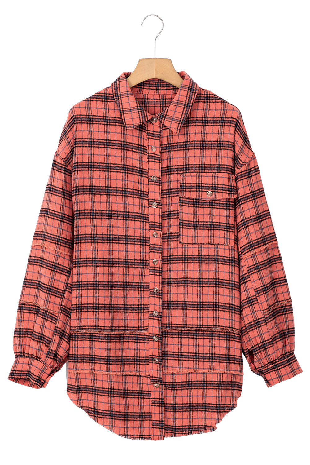 Red Plaid Long Sleeeve Side Split Distressed Hem Shirt eAura