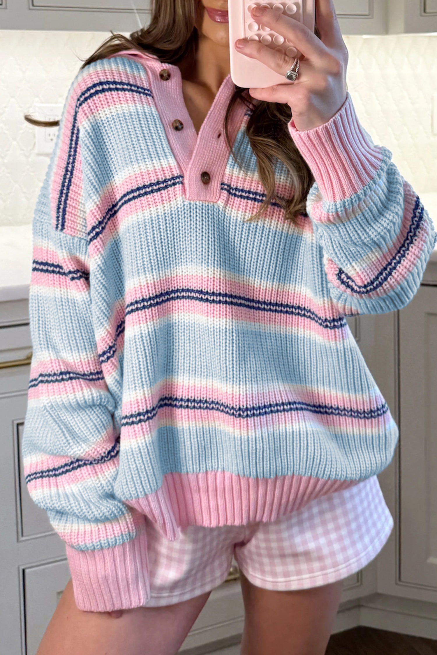Striped Button Collar Long Sleeve Shift Fit Winter Knitwear Sweater – Sky Blue Stripe