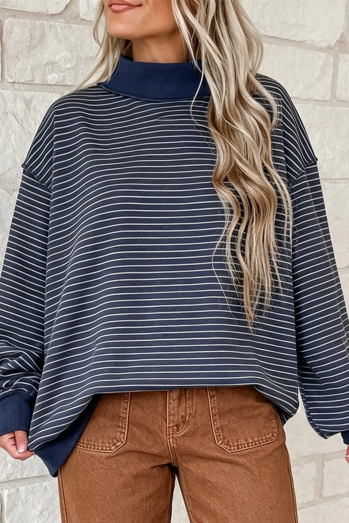 Oversized Sweatshirt with Mock Neck, Stripe Ribbed Colour Block