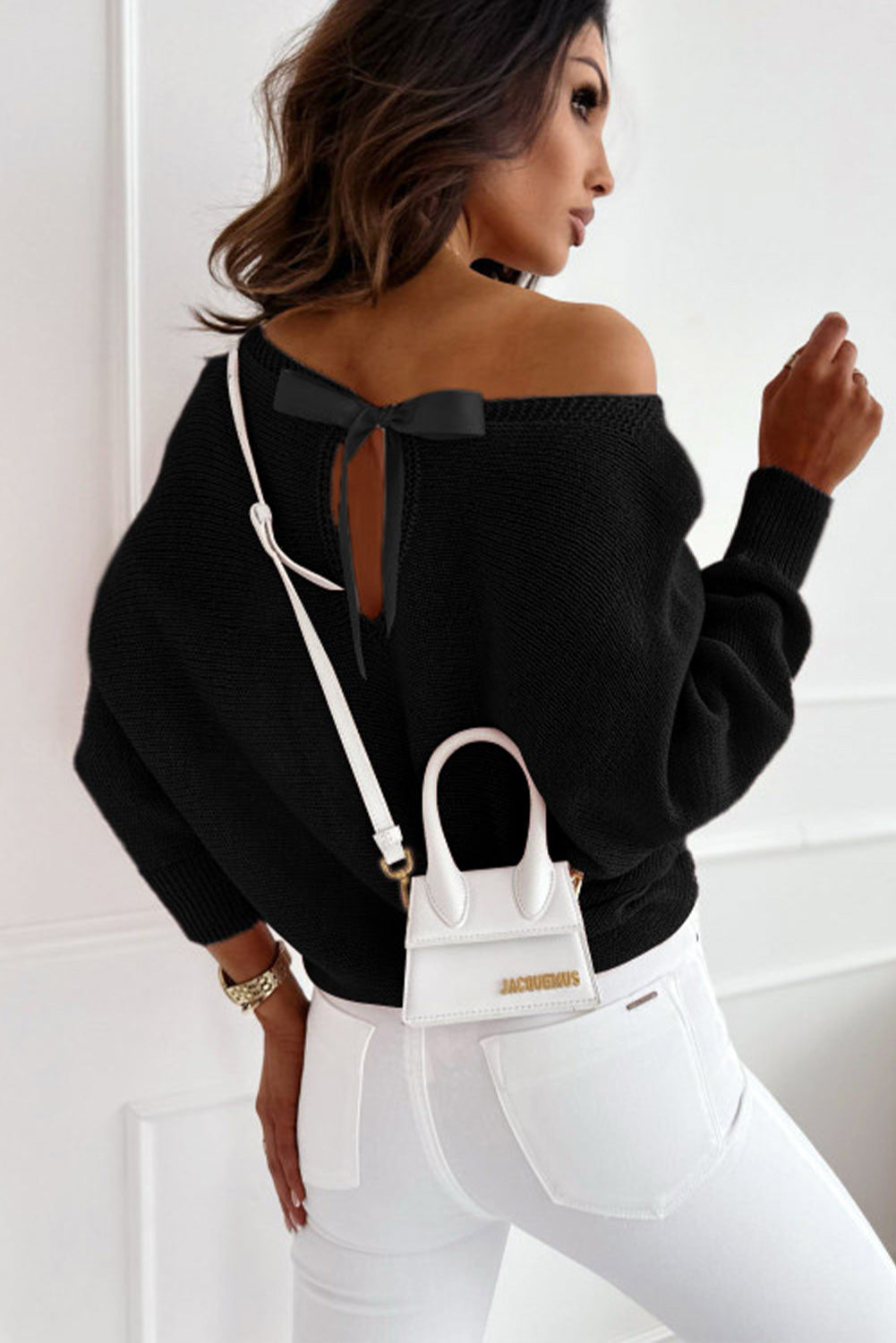 Black Ribbon Bow Knot Dolman Sleeve Sweater BB Fashion Outlet