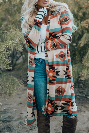 Multicolor Geometric Color Block Open Front Long Cardigan BB Fashion Outlet
