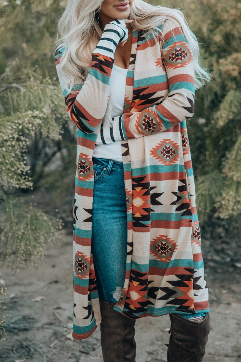 MultiColour Geometric Colour Block Open Front Long Cardigan - eAura