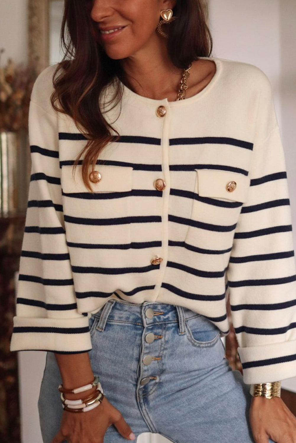 Black Stripe Flap Pocket Buttoned Cardigan Sweater eAura