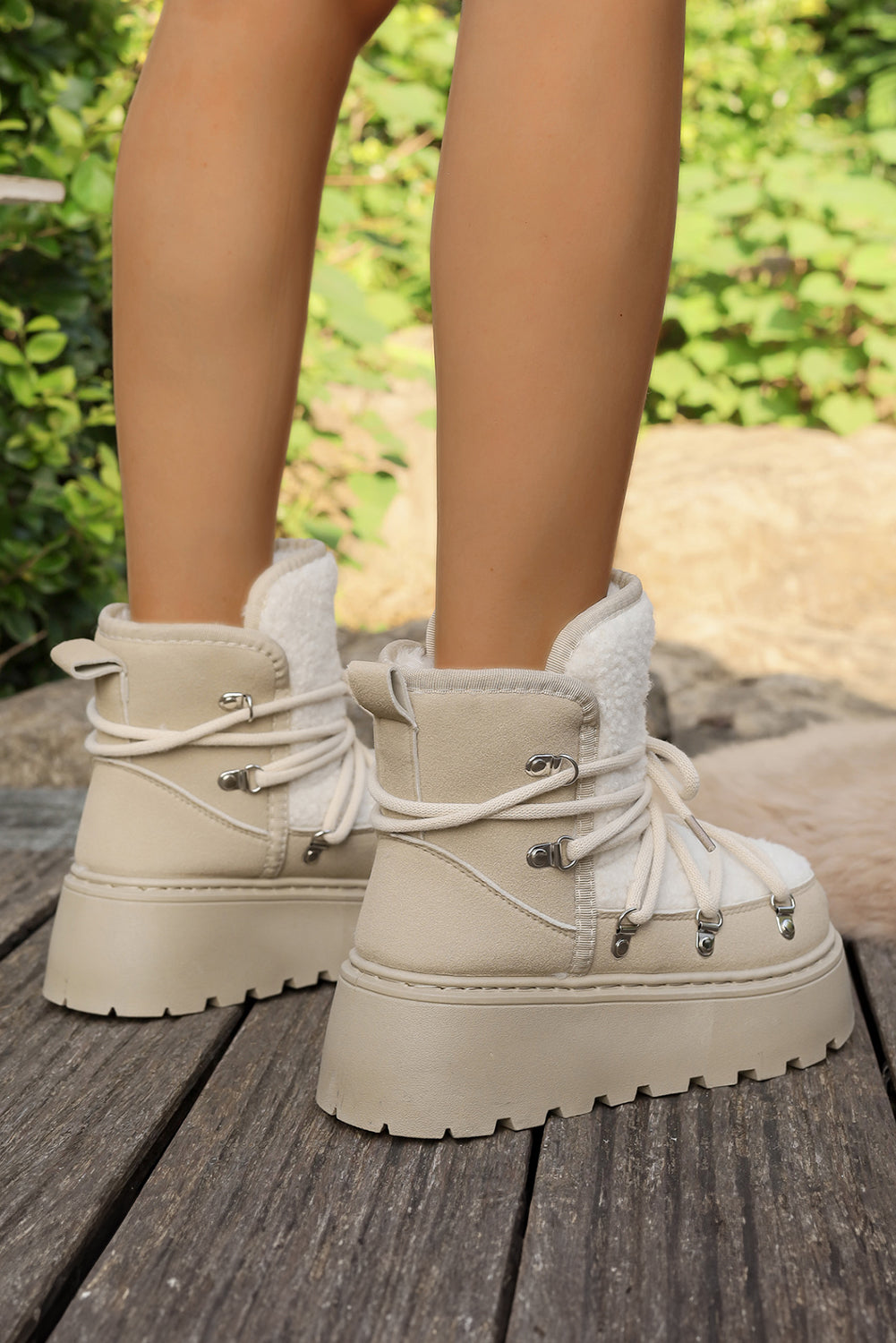 White Sherpa PU Leather Patchwork Lace-up Thick Bottom Snow Boots - eAura