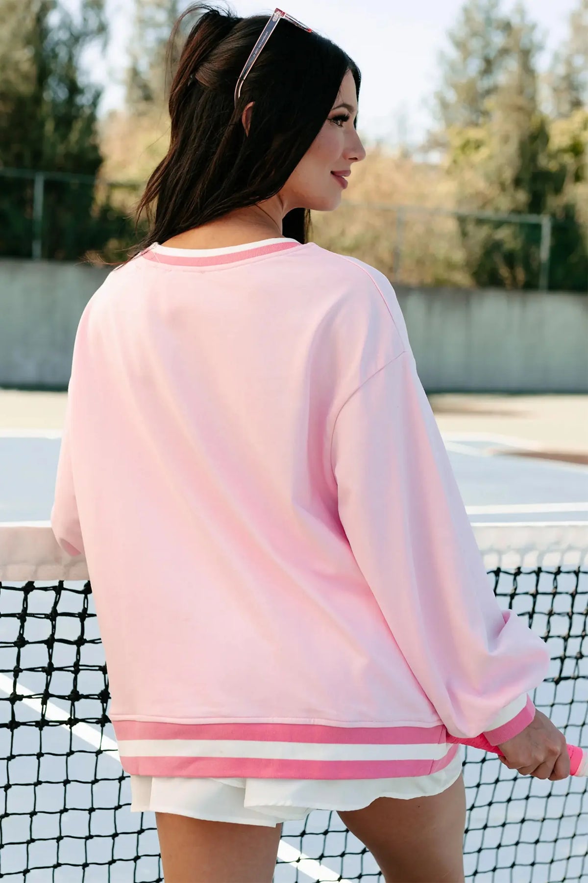 Embroidered Tennis Club Crew Neck Pullover Sweatshirt – Pink