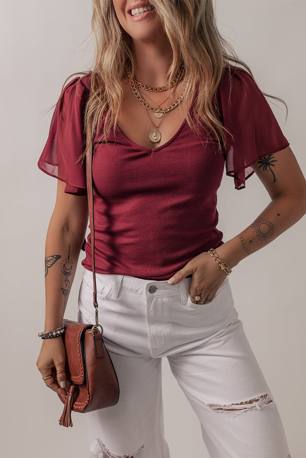 Red Dahlia Mesh Ruffled Sleeve Slim Fit V Neck Top eAura