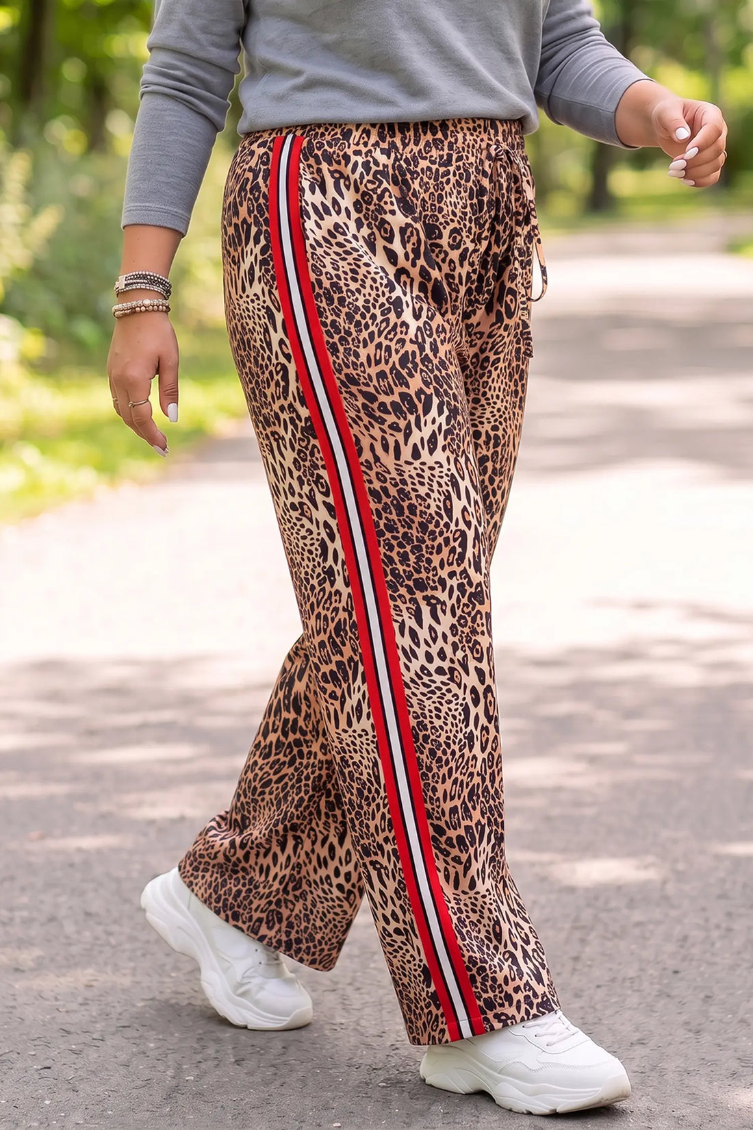 Leopard Print Colourblock Side Stripes Wide Leg Full Length Plus Size Pants – Khaki