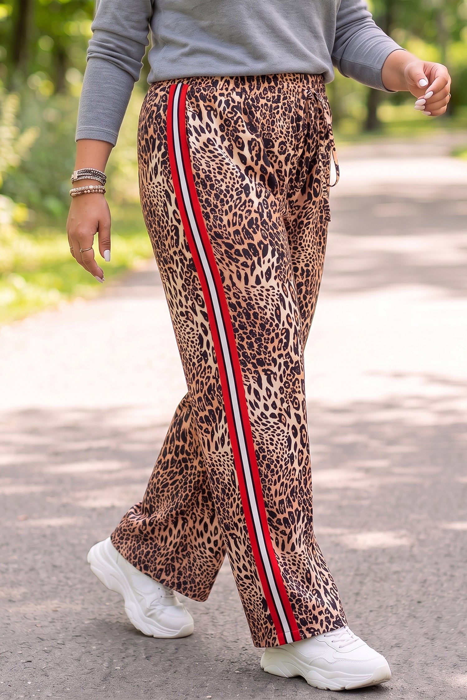 Leopard Print Colorblock Side Stripes Wide Leg Full Length Plus Size Pants – Khaki