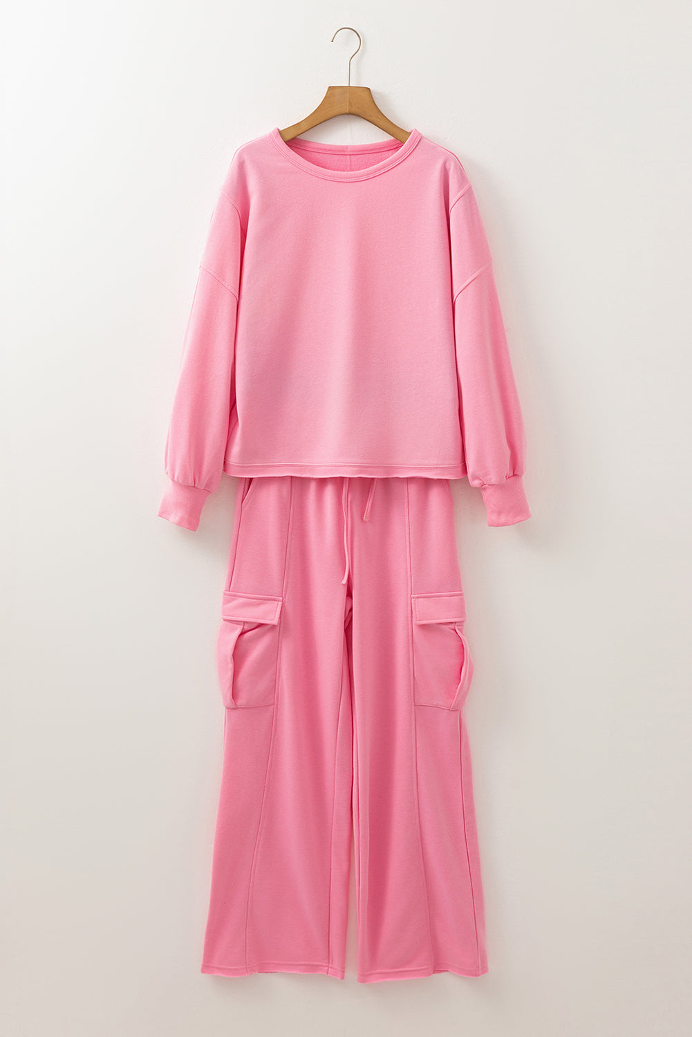 Sachet Pink Solid Color Patchwork Pullover Top and Cargo Pants Set BB Fashion Outlet