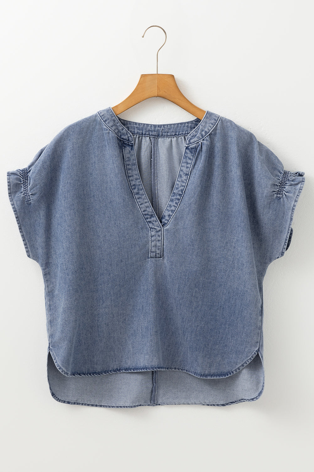 Dusk Blue V Neck Ruffled Short Puff Sleeve Denim Top - eAura