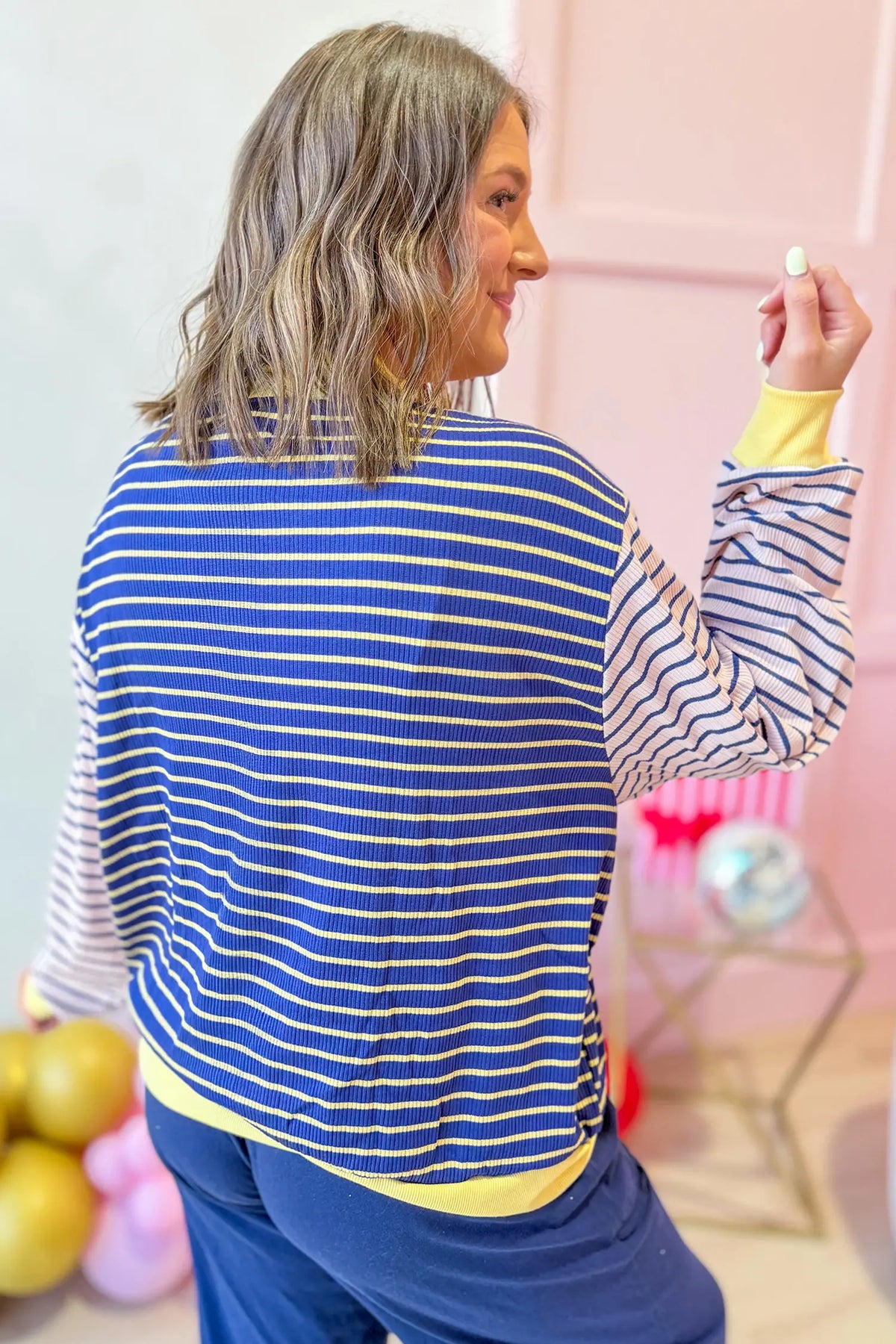 Contrast Long Sleeve Crew Neck Pullover Top – Blue Stripe