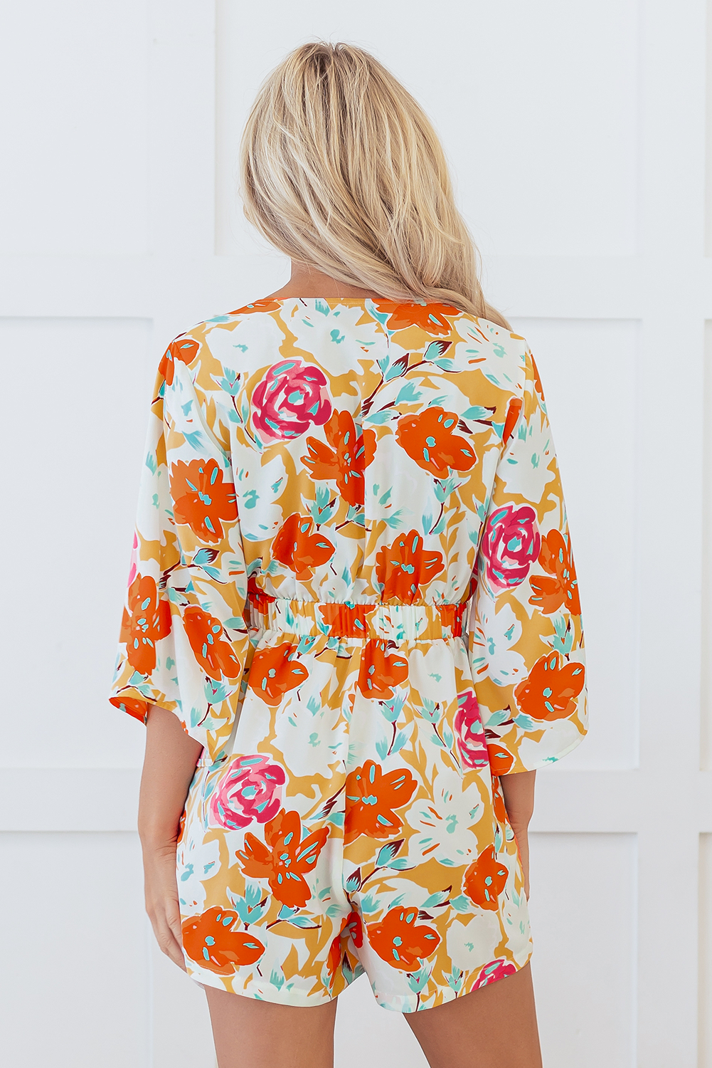 Orange Blooming Floral Print Front Tie Romper Beagle Boutique Fashion Outlet