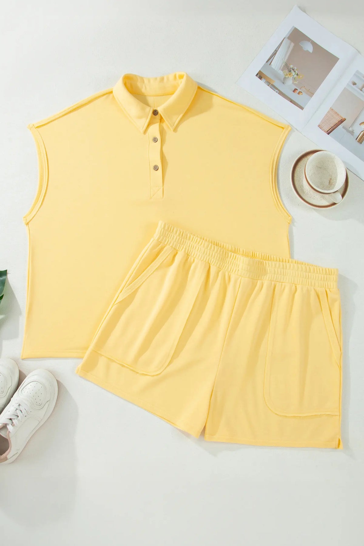 Cream Solid Colour Polo Tee Elastic Waist Shorts Plus Size Outfit – Yellow