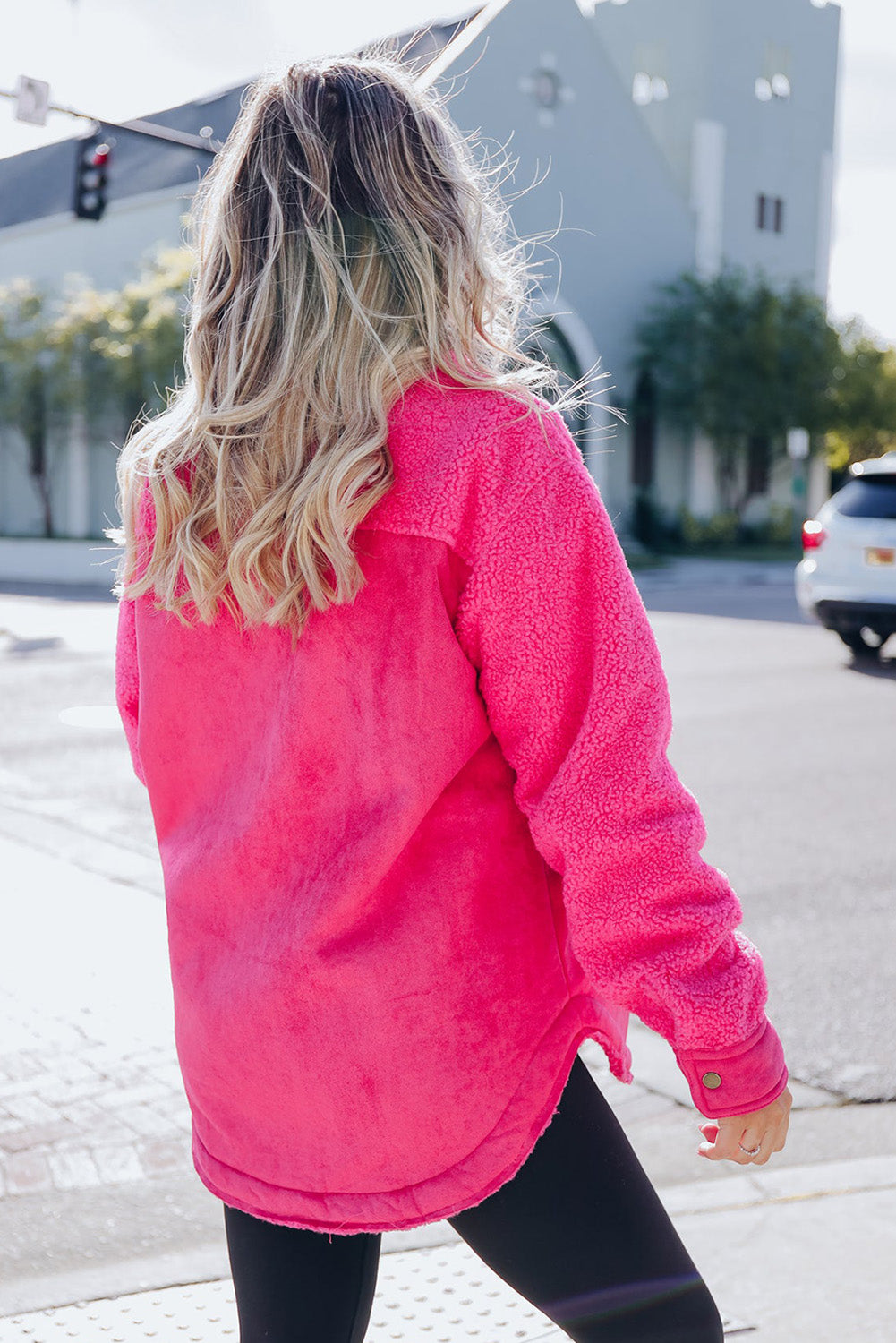 Bright Pink Faux Suede Sherpa Patchwork Button-up Shacket Beagle Boutique Fashion Outlet