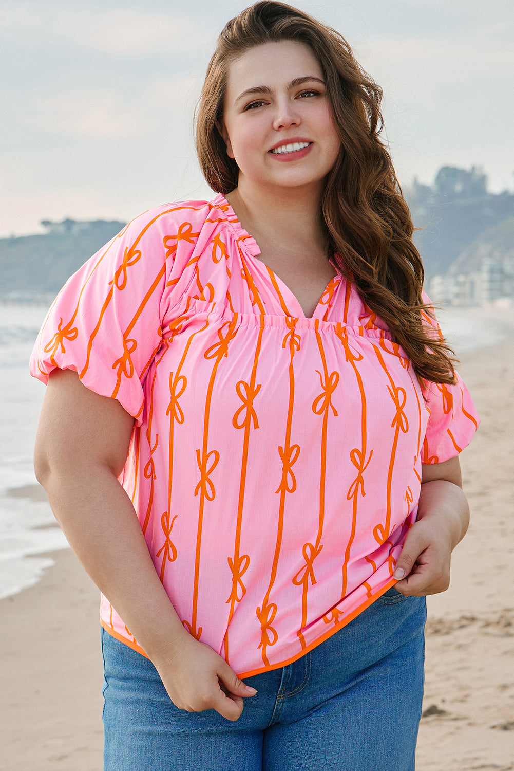 Rose Bowknot Print Shirred V Neck Puff Sleeve Plus Size Blouse BB Fashion Outlet
