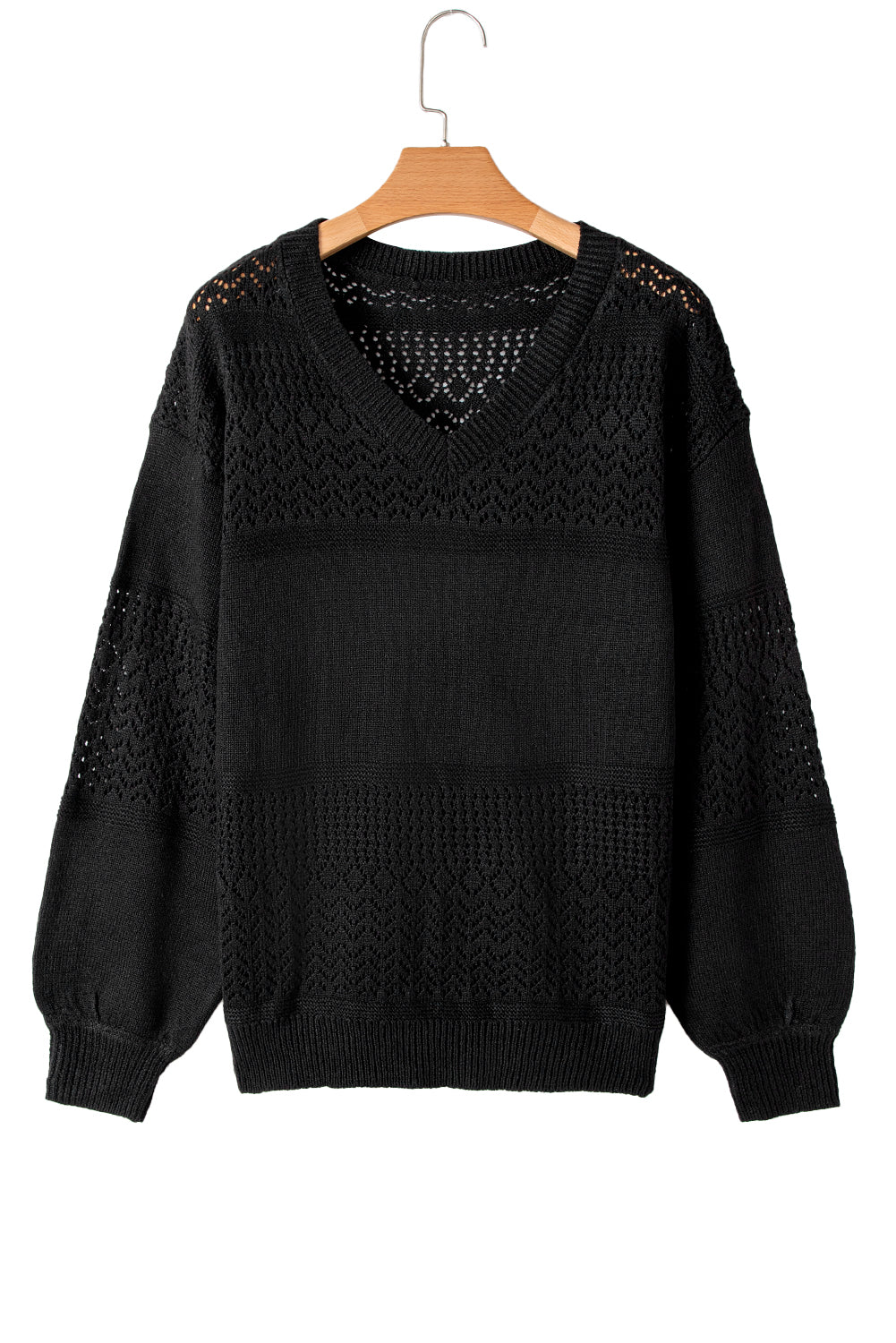 Black Eyelet Pattern Detail V Neck Drop Shoulder Sweater eAura