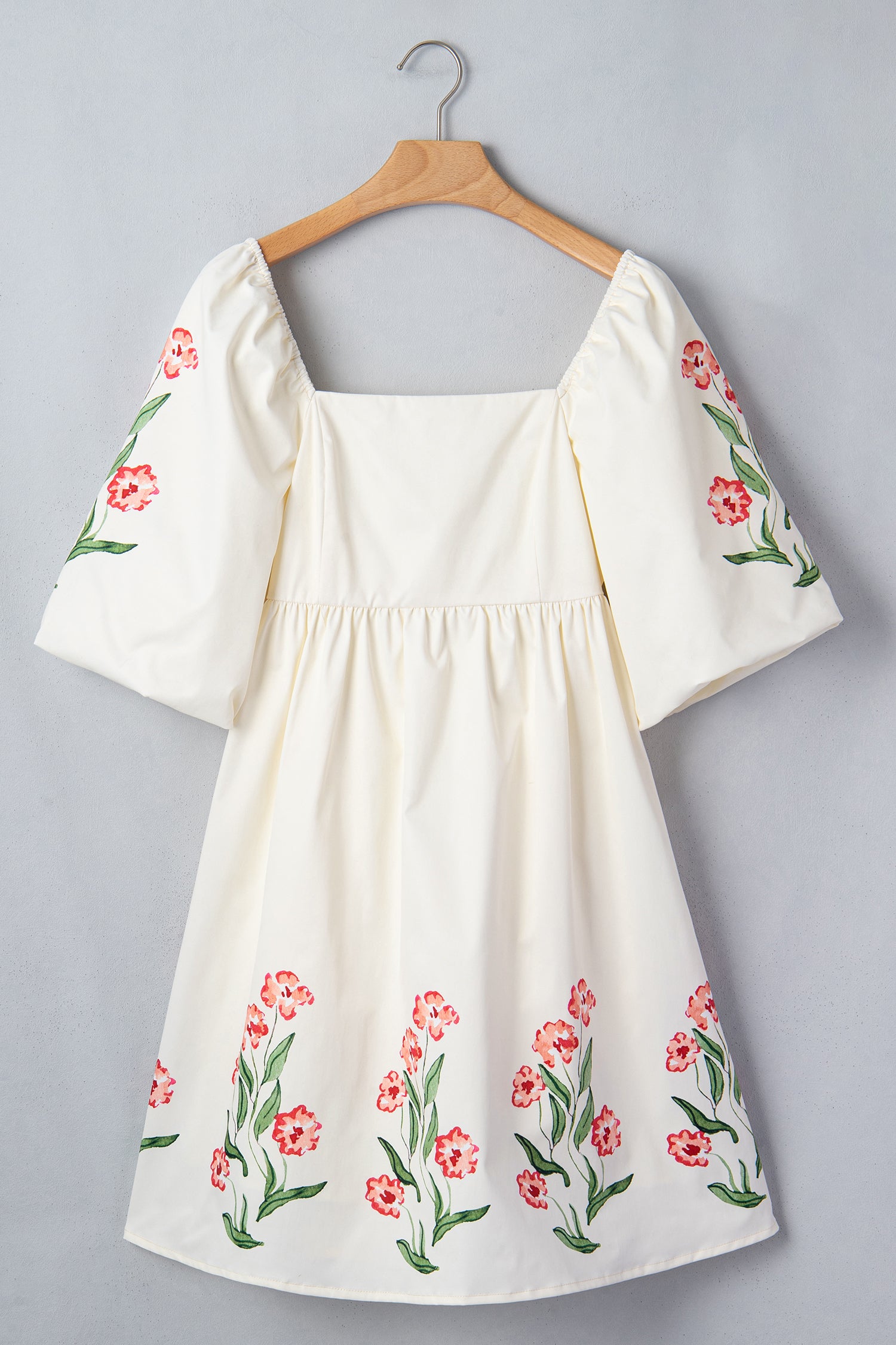 Floral Print Puff Sleeve Square Neck Babydoll Dress – Beige