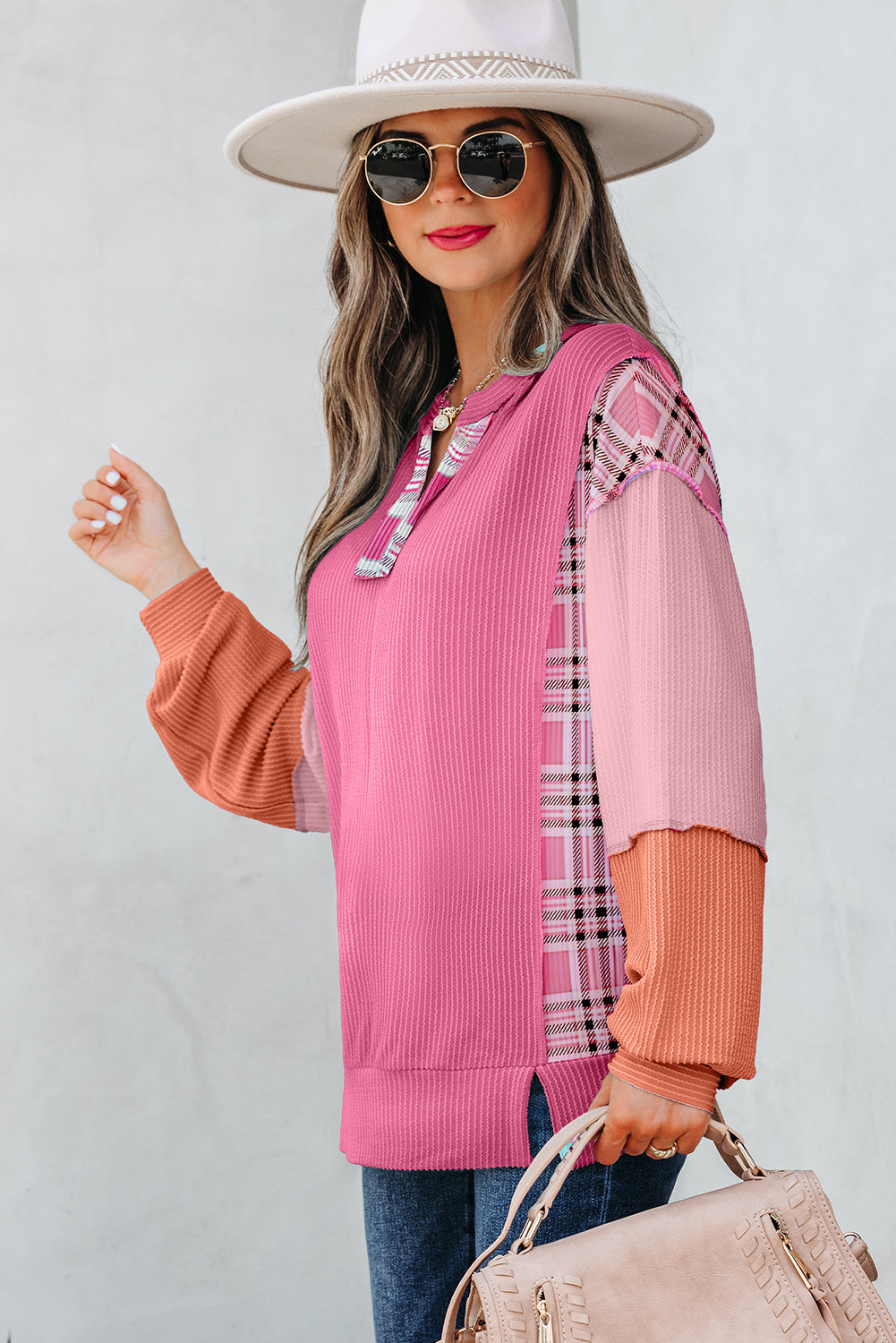 Soft Corded Texture Patchwork Split Neck Long Sleeve Top - eAura