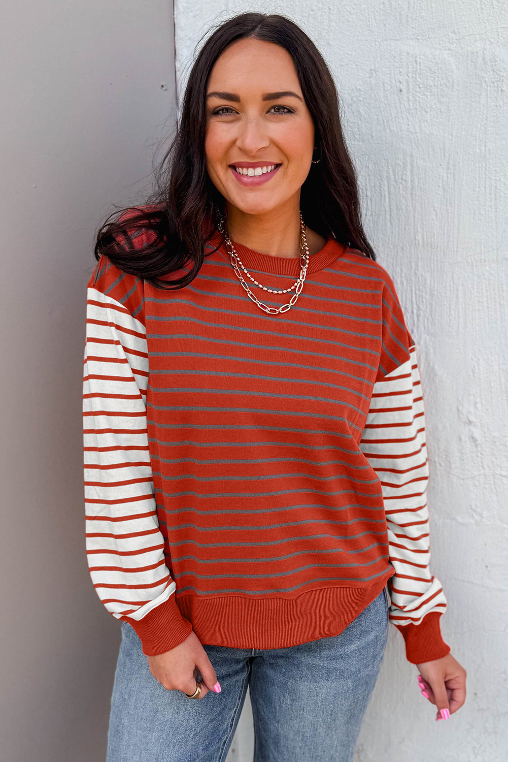 Orange Stripe Contrast Sleeve Patchwork Drop Shoulder Long Sleeve Sweatshirt - eAura