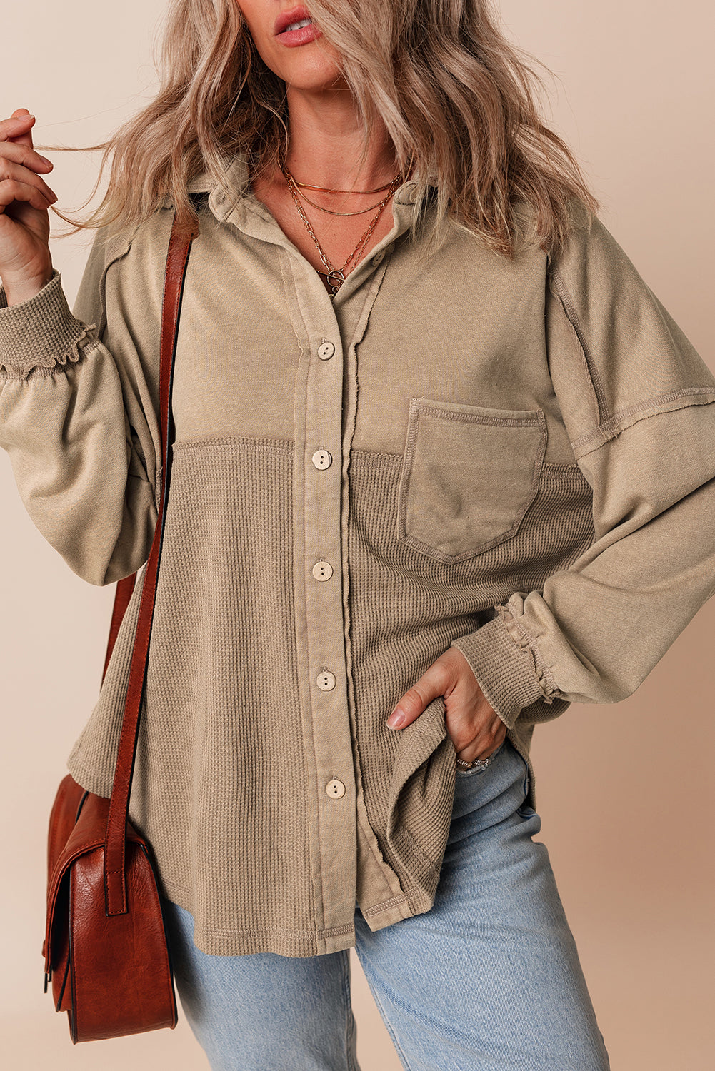 Goat Mineral Wash Textured Patchwork Loose Fit Shacket eAura