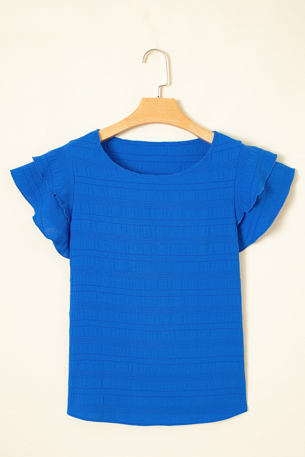 Dark Blue Textured Ruffled Sleeve Round Neck Top BB Fashion Outlet