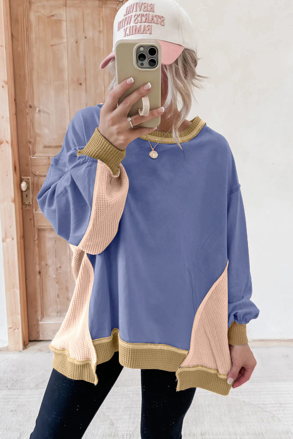 Mix Texture Waffle Patchwork Oversize Sweatshirt - eAura