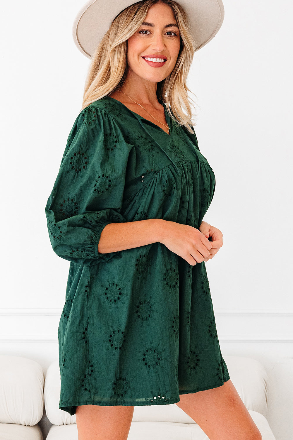 Embroidered Eyelet Pattern 3/4 Puffy Sleeve Swing Mini Dress - Dresses/Mini Dresses