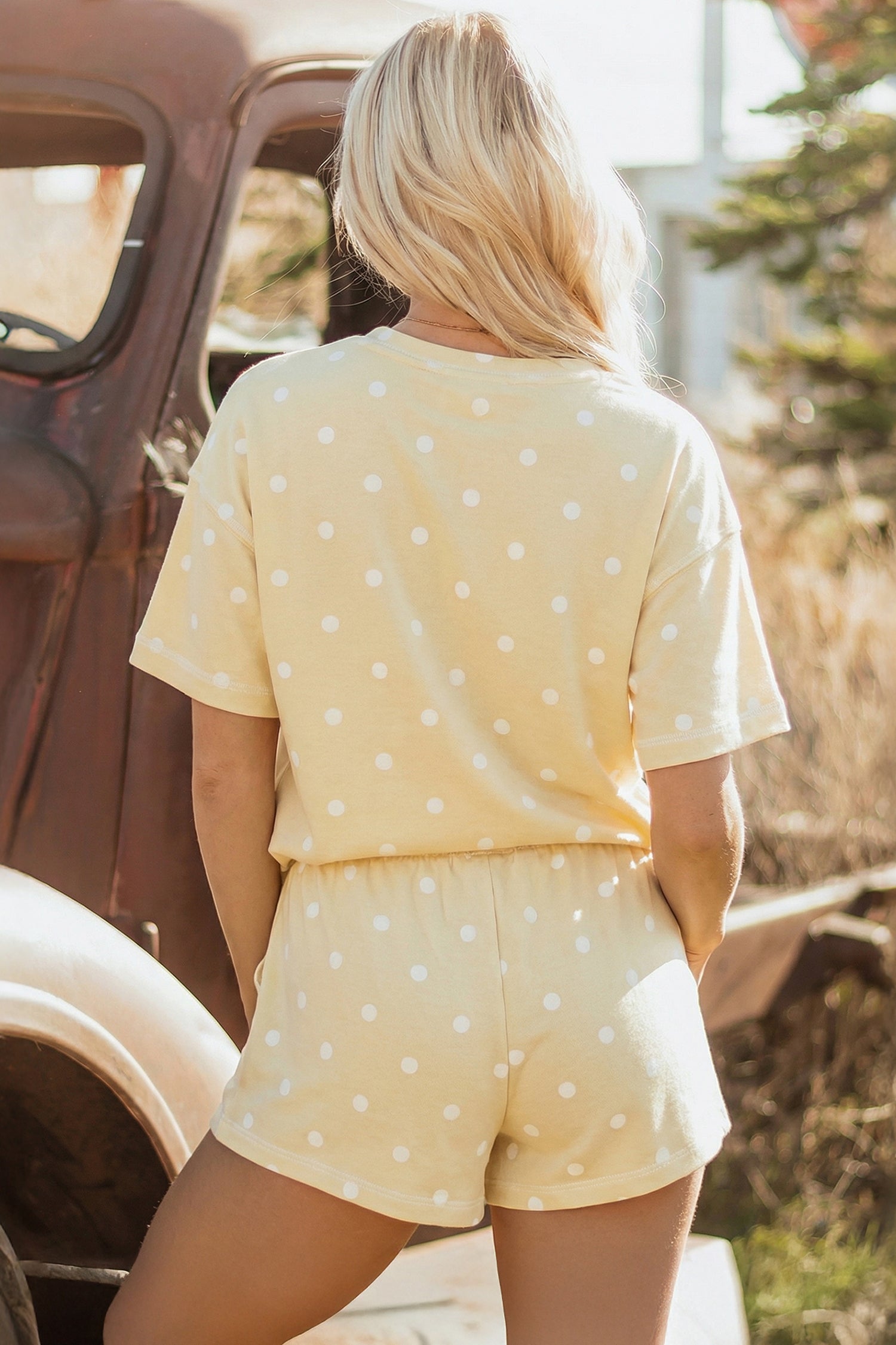 Exposed Seam Detail Polka Dot Loose Tee Drawstring Shorts Set – White