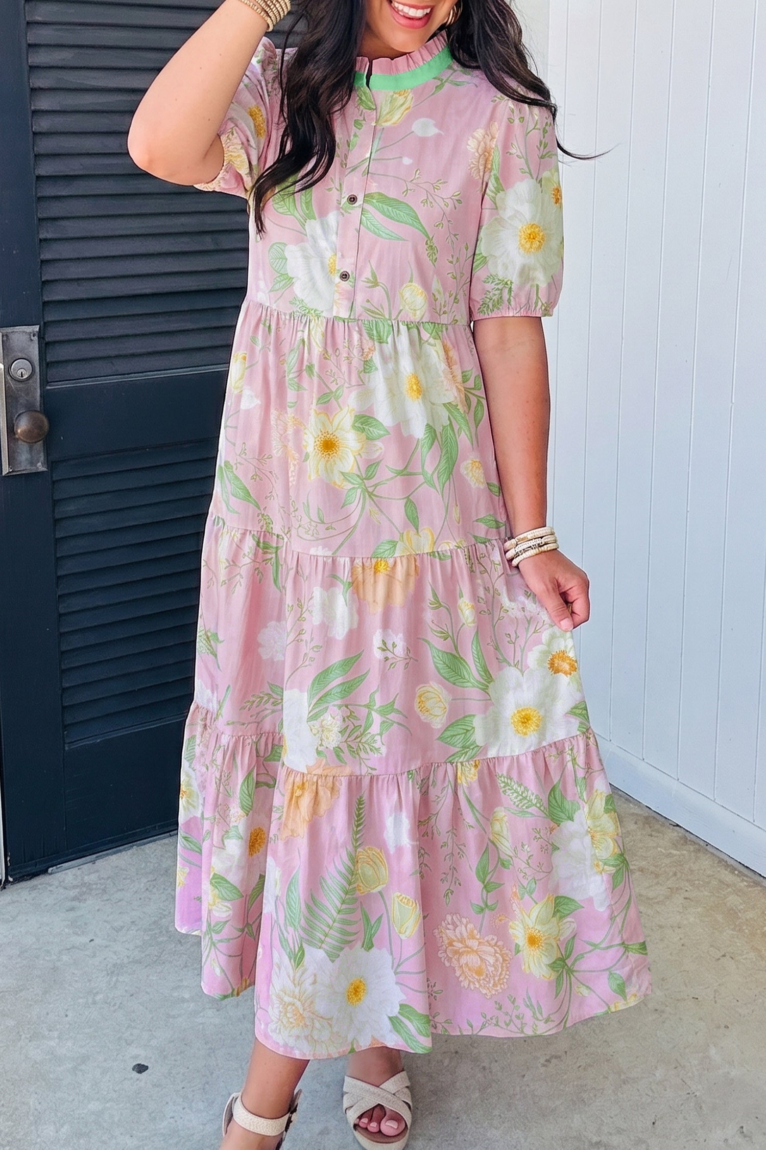 Floral Print Short Puff Sleeve High Waist Tiered Maxi Dress – Pink