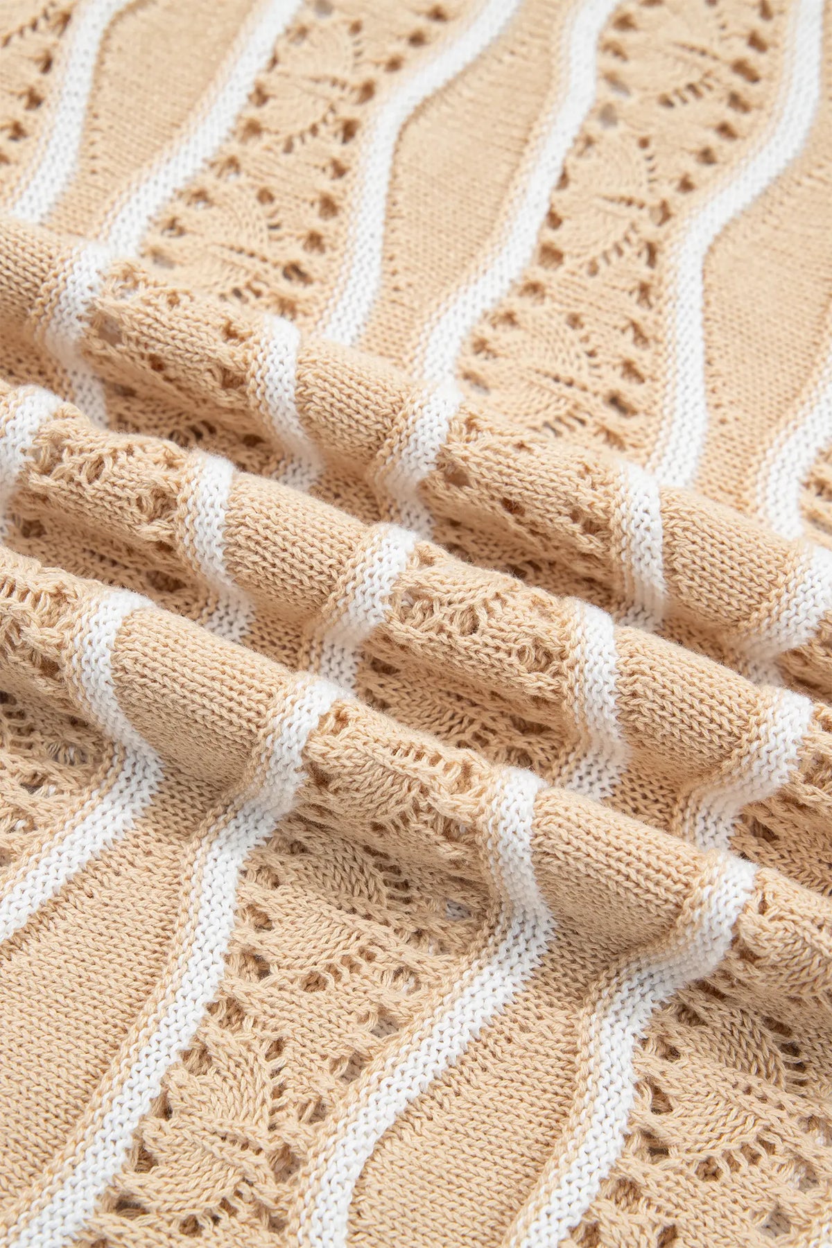 Wavy Detail Hollow Out Knit Long Sleeve Cotton Pullover Sweater – Pink