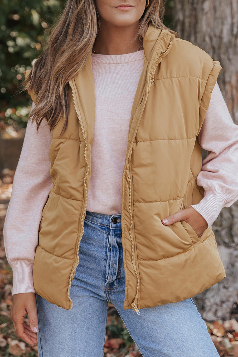 Oversized Stand Collar Zip Winter Vest – Khaki