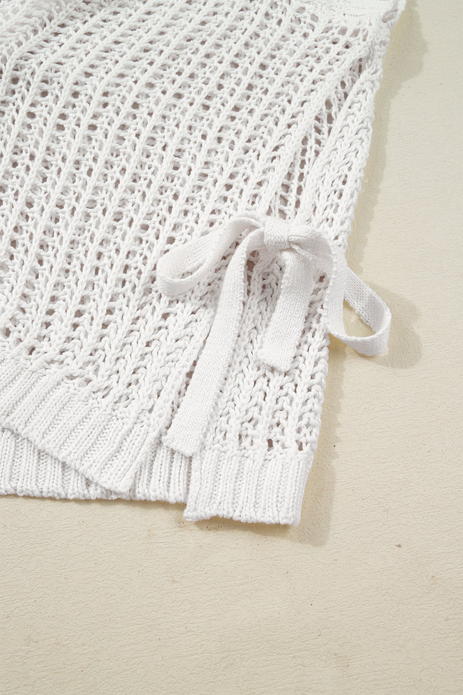 Plus Size Open Knit Bow Tie Short Sleeve Sweater - eAura