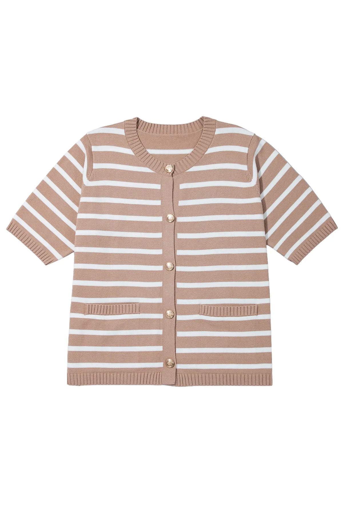 Button Down Short Sleeve Knit Plus Size Cardigan – Khaki Stripe