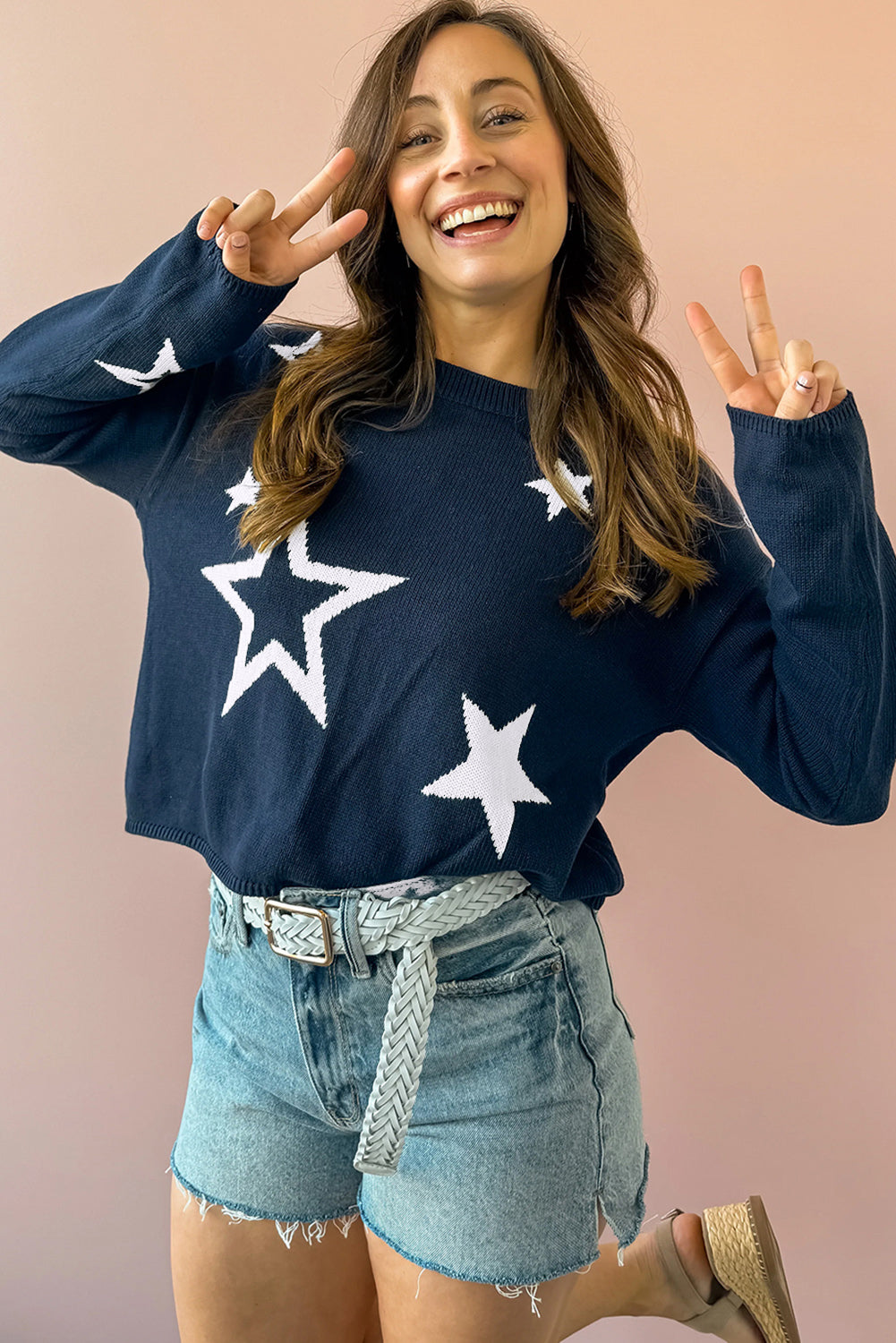 Sail Blue Star Pattern Drop Shoulder Knitted Sweater eAura