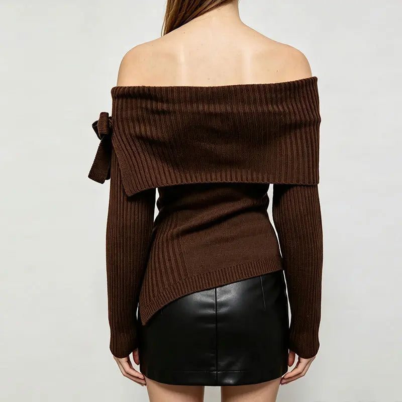 Brown bow-detail sweater, back view