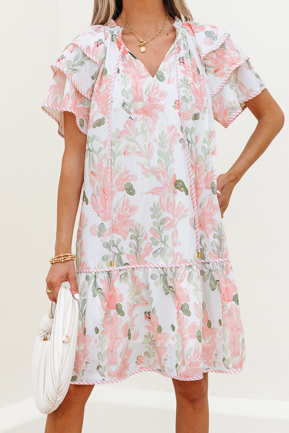 Floral Contrast Edge Layered Short Sleeve Mini Dress eAura
