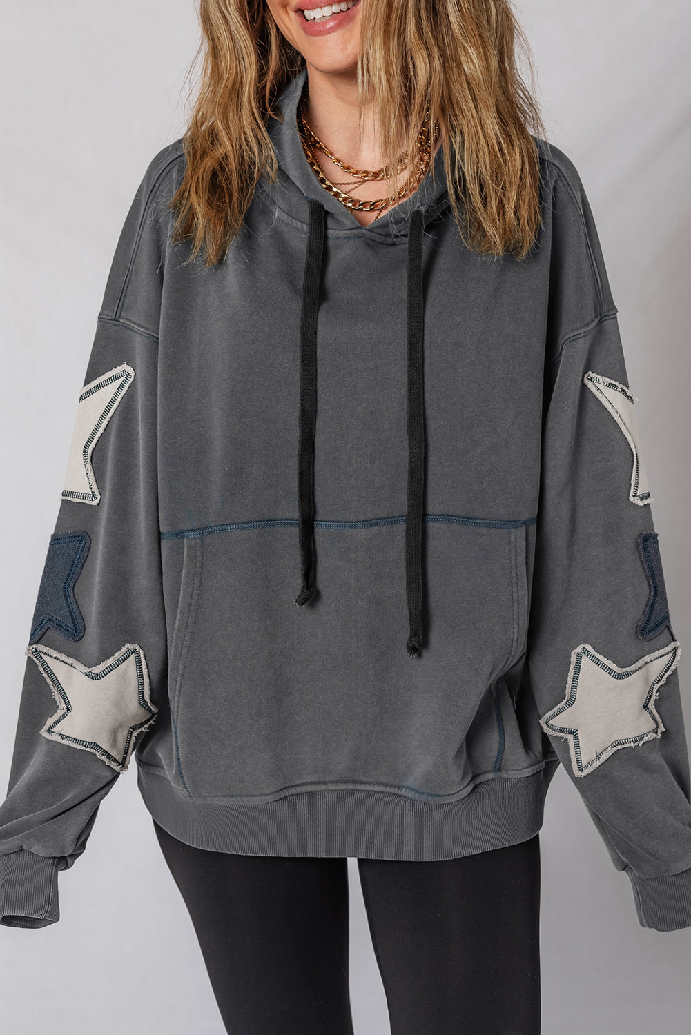 Star Patchwork Contrast Stitching Mineral Wash Kangaroo Pocket Vintage Hoodie - Tops/Sweatshirts & Hoodies