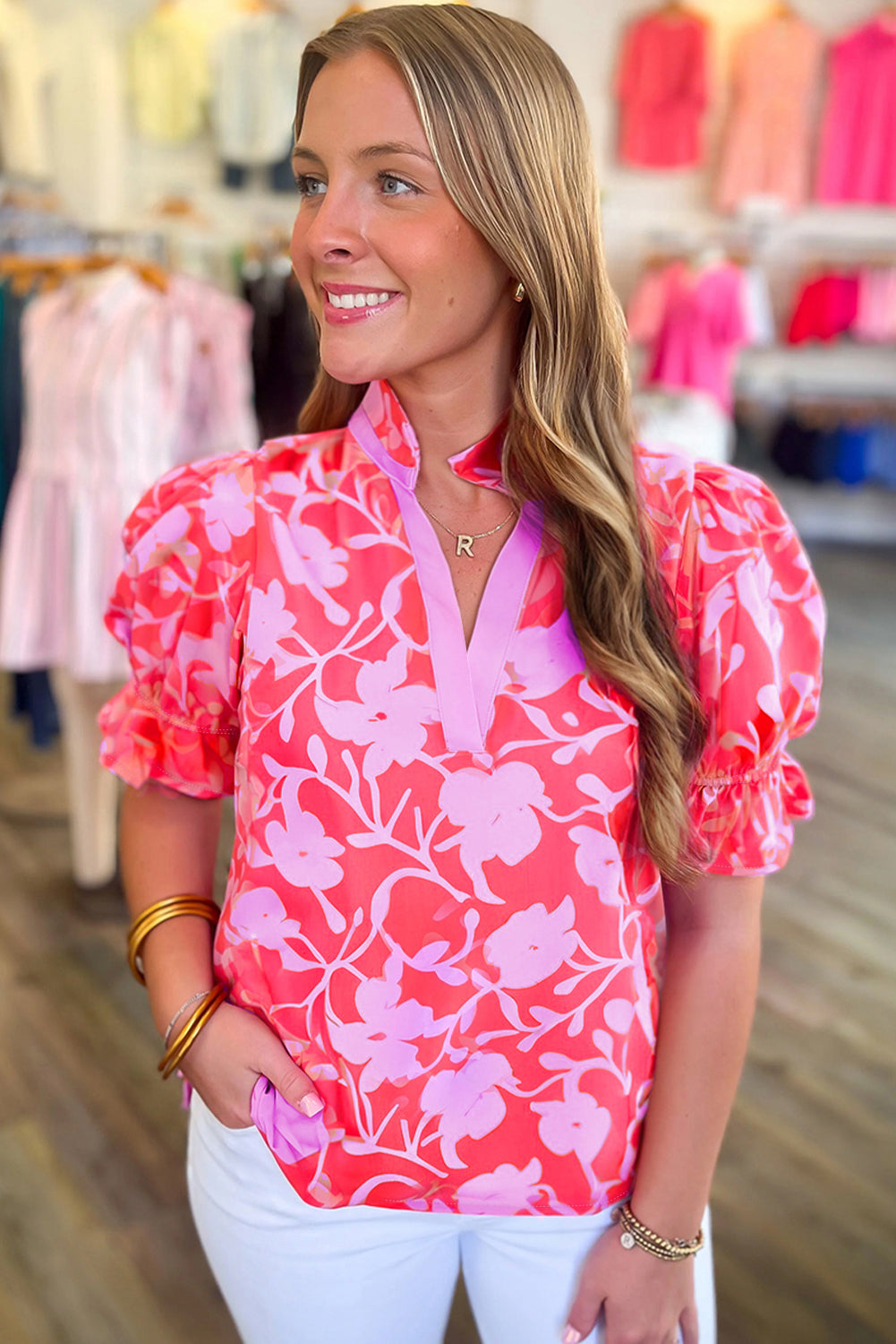 Red Floral Split V-Neck Ruffled Short Sleeve Blouse Top eAura