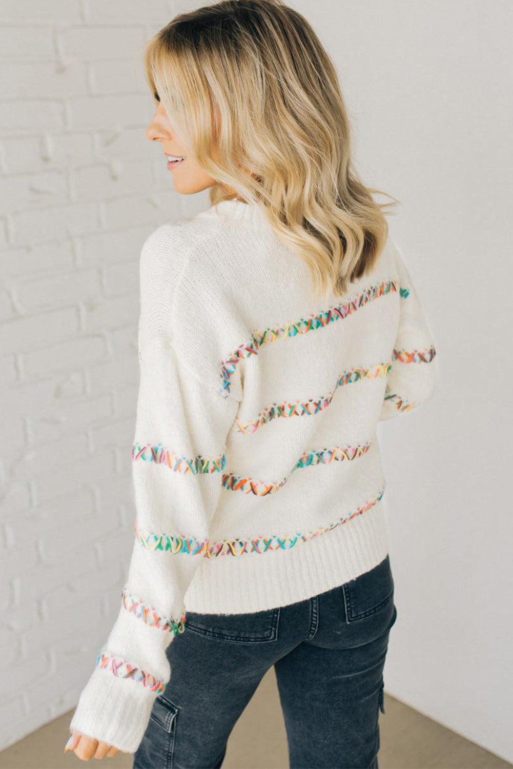 White Colourful Crossed Stitch Drop Shoulder Sweater eAura